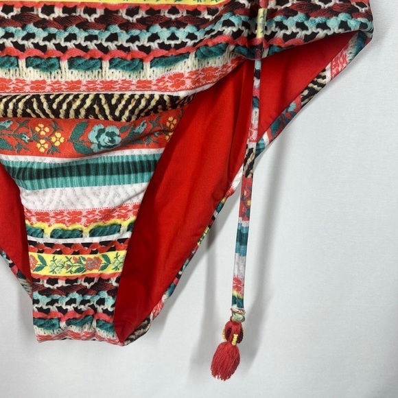 Becca Swimsuit Off Shoulder One Piece Ruffle with Neck Tie Aztec Boho Small - Picture 7 of 11